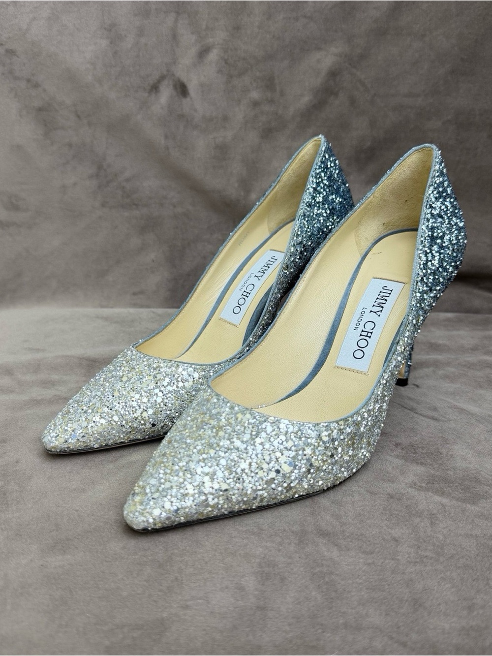 Jimmy Choo Silver Glitter Pointed Pumps with Sparkle Finish